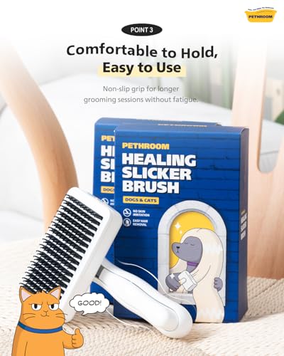 PETHROOM Self-Cleaning Slicker Brush for Dogs & Cats – Gentle Grooming & Deshedding Tool, Removes Mats & Tangles, Skin-Friendly Coated Tips, One-Touch Hair Removal Button