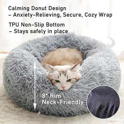 Calming Donut Dog Bed Medium Size Dog - Washable Removable Cover Non-Slip Bottom, Round Pet Bed Cat Bed Warming Fluffy Plush Faux Fur Anti-Anxiety, Fits up to 45 lbs (Light Grey, 30") - color: Light Grey, size: 30"L x 30"W x 8"Th