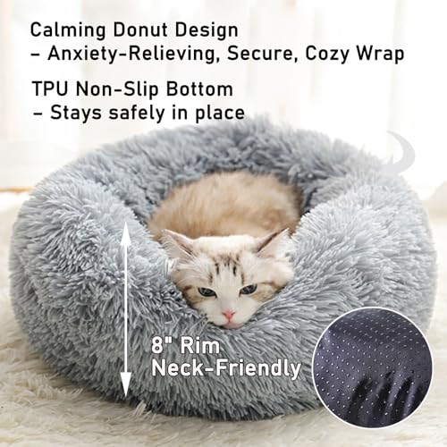 Calming Donut Dog Beds Large Sized Dog - Washable Removable Cover Non-Slip, Round Pet Bed Warming Fluffy Plush Faux Fur Anti-Anxiety Thick Cushion, Fits up to 80 lbs (Light Grey, 36") - color: Light Grey, size: 36"L x 36"W x 8"Th