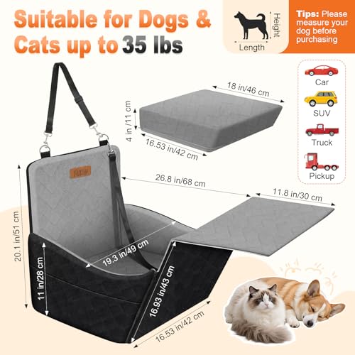 Elevated Dog Car Seat, Dog Booster Car Seats for Small & Medium Breeds Up to 35lbs, Fully Detachable and Washable, Soft Foam Pet Carseat with 2 Storage Pockets & 3 Safety Belts, Black & Gray - color: Black & Gray