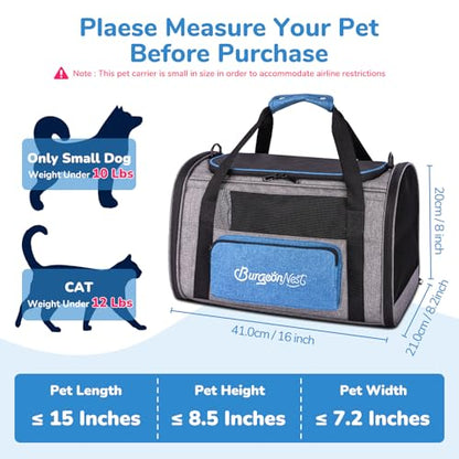 BurgeonNest Cat Carrier, Airline Approved Dog Carrier, Soft Sided Cat Pet Carrier for Small Medium Cats Dogs Under 10 lbs with Side Bag, Collapsible Travel Kitten Puppy Carriers, Blue - color: Blue, size: 17.5"L x 11.0"W x 11.0"H