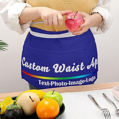 sophiehome Custom Waist Apron with Pockets Add Photo Logo Name Personalized Waiter Server Short Aprons for Kitchen - color: Blue