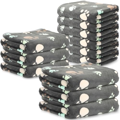 Tegeme 12 Pcs Pet Blankets 41 x 30 Inch Soft Fluffy Fleece Dog Cat Warm Paw Print Pattern Blankets Flannel Throw for Pets Dog Puppy Cat(Gray) - color: Gray, size: 41 x 30 Inch