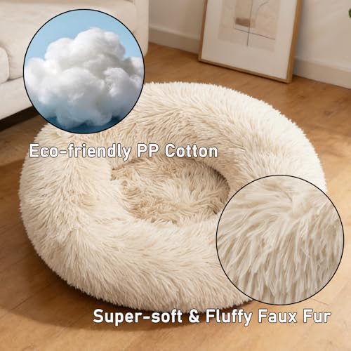 Calming Donut Dog Beds Large Sized Dog - Washable Removable Cover Non-Slip, Round Pet Bed Warming Fluffy Plush Faux Fur Anti-Anxiety Thick Cushion, Fits up to 80 lbs (Beige, 36") - color: Beige, size: 36"L x 36"W x 8"Th