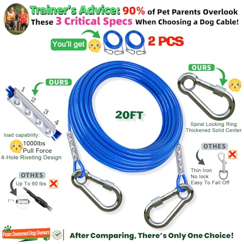 catapamey Dog Tie Out Cable and Stake,with 2x20 Feet Heavy Duty Cable(up to 200lbs),360° Swivel Dog Run Anchor,Runner for Yard-No Tangle,Ideal for Outdoor Camping