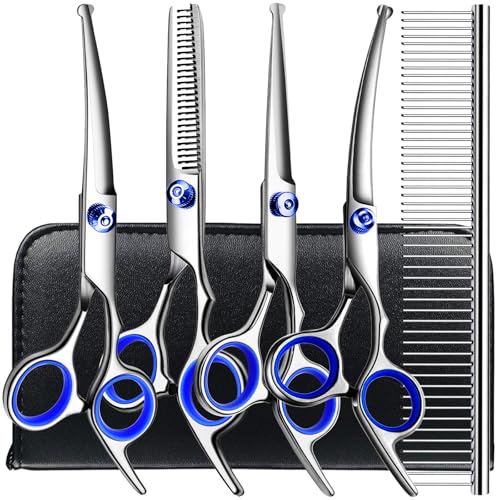 TINMARDA Dog Grooming Kit, Professional Stainless Steel Dog Grooming Scissors with Curved Shears, Blue Finger Rings - 5 Piece Sharp Durable Pet Shears for Dogs Cats At Home Salon-Quality Grooming - color: Blue, size: 5 Piece