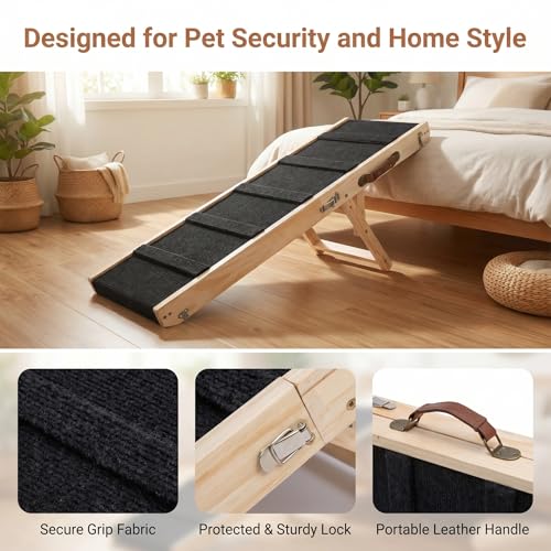 Wooden Dog Ramp for Bed – Folding Pet Ramp for Couch | Collapsible Wooden Pet Ramp, 4 Adjustable Heights, Non-Slip High Traction Fabric Surface, Portable Solid Pine Wood Steps - size: Trumpet
