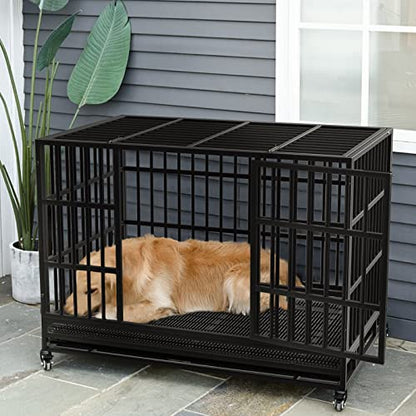 LEMBERI 48" Heavy Duty Dog Crate, Indestructible Escape-Proof Cage Kennel for Large Dogs, High Anxiety Dog Crate with Removable Wire Trays & Lockable Wheels, Extra Large XL XXL, Black - color: Black, size: 47.2"L x 30.7"W x 36"H