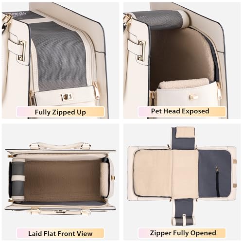 Dog Purse Carrier for Small Dogs, Stylish Foldable Pet Carrier Purse Tote Bag with Washable Cushion & Safety Leash, Airline Approved Puppy Travel Bag with Pockets (White) - color: White