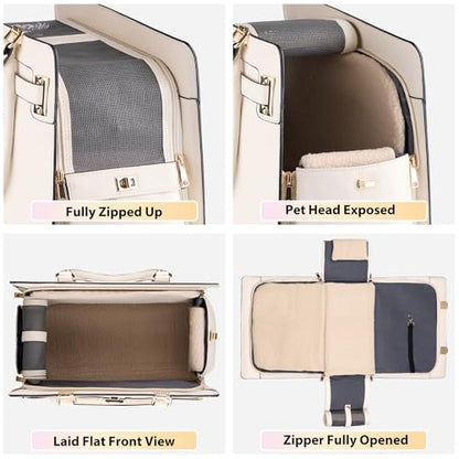 Dog Purse Carrier for Small Dogs, Stylish Foldable Pet Carrier Purse Tote Bag with Washable Cushion & Safety Leash, Airline Approved Puppy Travel Bag with Pockets (White) - color: White
