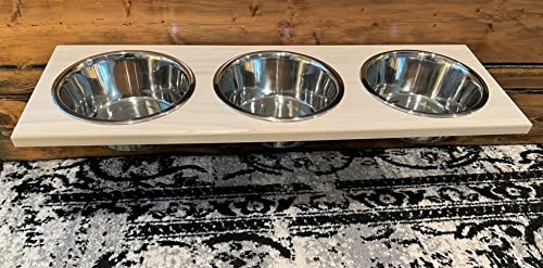 Chic, Floating, Wood, Height-Flexible Wall Mount Dog/Cat/Pet Food & Water Bowl Holder/Feeder with 3 S.S. Dishwasher-Safe Bowls (~ 2 Quart / 64 oz / 1890 ml) for Large Pets. 3-Screw Installation.