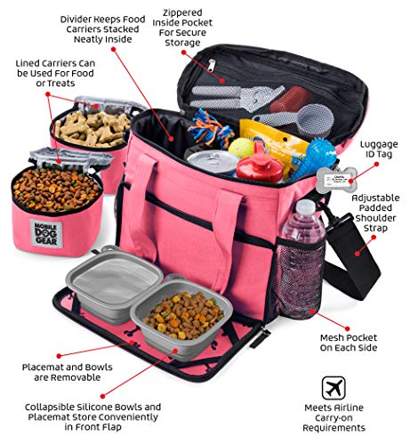 Mobile Dog Gear, Week Away Dog Travel Bag for Small Dogs, Includes Lined Food Carriers and 2 Collapsible Dog Bowl, Pink - color: Pink, size: Small