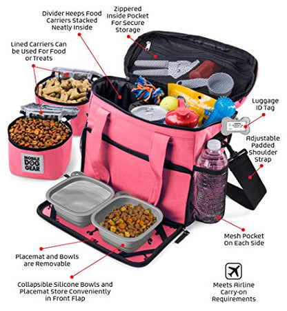 Mobile Dog Gear, Week Away Dog Travel Bag for Small Dogs, Includes Lined Food Carriers and 2 Collapsible Dog Bowl, Pink - color: Pink, size: Small