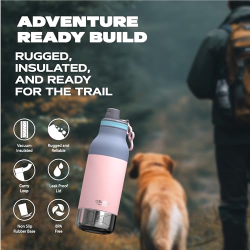 Asobu Buddy Bottle a 스테인리스 스틸 단열 물병, 탈착식 개 물병 및 개 사료 및 간식 보관 그릇 포함 (파스텔 핑크, 963.9g(34온스) - color: 파스텔 핑크