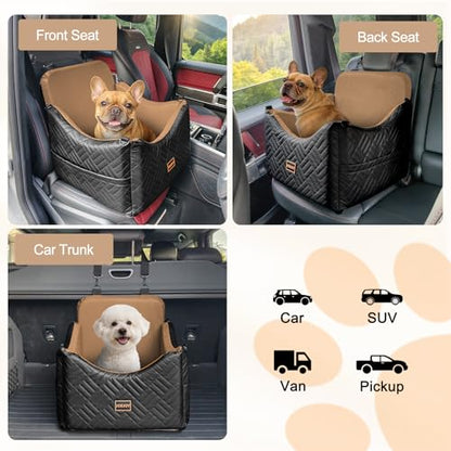 JOEJOY Dog Car Seats for Small Medium Dogs Under 35lbs, Waterproof PU Leather Dog Booster Seat with Detachable Cover, Thickened Memory Foam Pet Car Seat with Safety Belt and Storage Pockets - color: Brown
