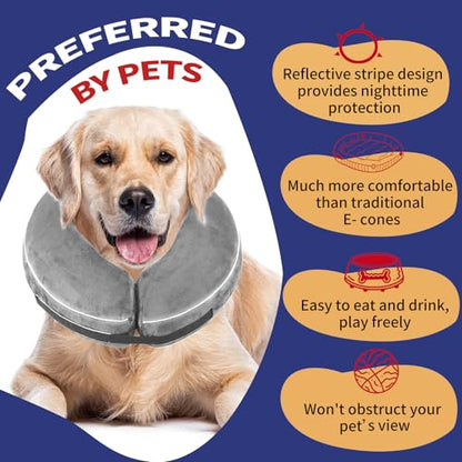 Inflatable Reflective Dog Cone Collar Alternative After Surgery,Doggie Recovery Dount Neck Ecollar,Adjustable Soft Dog Cone Collar for Small Medium Large Dogs (Grey, M) - color: Grey, size: Medium（10.5"-13"）