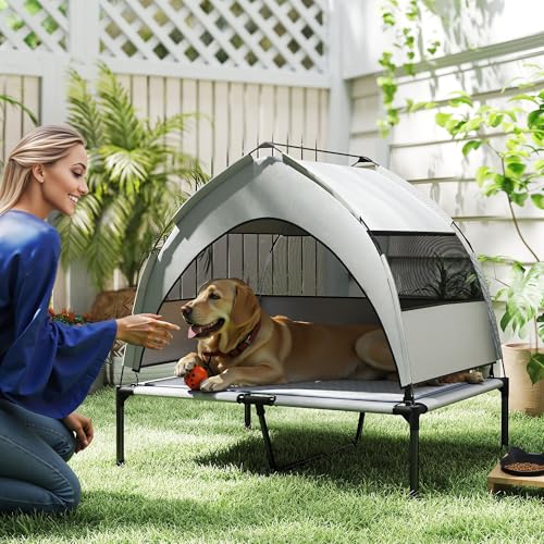 Elevated Dog Bed with Removable Canopy & Cooling Pad – Raised Outdoor Dog Cot with Breathable Mesh, Steel Frame, Storage Bag, Portable Pet Bed for Large Dogs