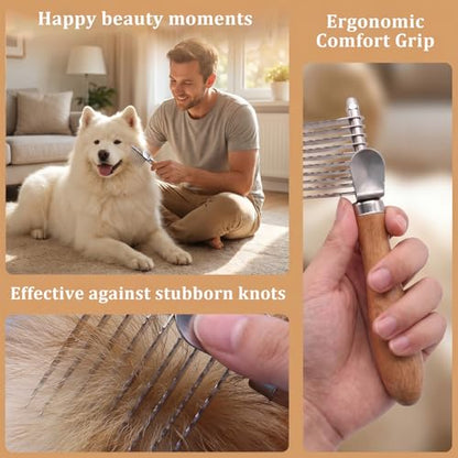 Pet Dematting Comb & Rake Brush for Dogs and Cats, Undercoat Deshedding Tool with Stainless Steel Teeth,Dog Grooming Brush for Long/Short Haired Dogs Cats