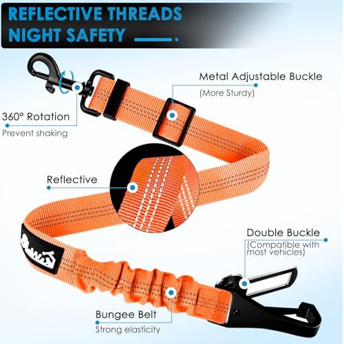 Lukovee Dog Seatbelt Leash for Cars, 2 Pack Pet Safety Car Seat Belt with Adjustable Buckle & Reflective Bungee, Connect Dog Harness in Vehicle Car Dogs Restraint Travel Daily Use (Orange) - color: Orange