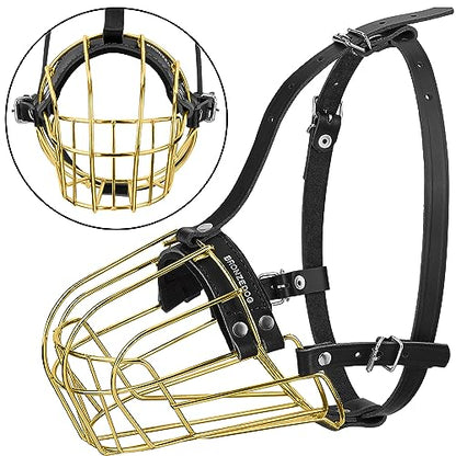 BRONZEDOG Pitbull Dog Muzzle Metal Mask Amstaff Wire Basket Pit Bull Adjustable Leather Straps for Large Dogs (Gold) - color: Leather, Gold