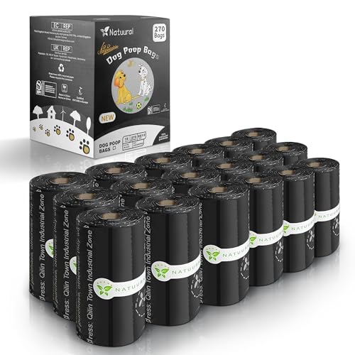 Certified Compostable Dog Poop Bags-270 Bags 18Rolls, Poop Bags for Dogs Made of Cornstarch - ASTM D6400 By USA, Leakproof Easy Open, Unscented Dog Waste Bags (Black) - color: Black