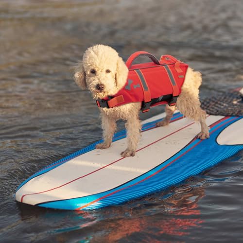 EMUST Dog Life Vests, Adjustable XS Dog Life Jacket with Rescue Handle, Puppy Flotation Vest for Small/Medium/Large Dogs, XS, Red - color: NewRed, size: XS