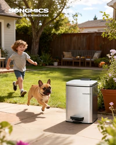 SONGMICS Dog Poop Trash Can, 1.6-Gallon (6 L) Outdoor Garbage Can with Lid, Soft Close, Stainless Steel with Inner Bucket, Metallic Silver ULTB590E02 - color: Metallic Silver
