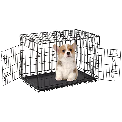 FDW Dog Crate for Medium Dogs 30 Inch Folding Metal WirePet Cage Double Door W/Divider Panel Indoor Outdoor Kennel Leak-Proof Plastic Tray,Black - color: Black, size: 30 Inch