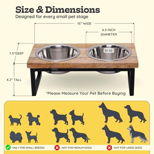 Elevated Dog Bowls, 4.5” Small Dogs/Cats Only Raised Bowl Mango Wood Stand, Food & Water 2 Stainless Steel Dishes Each 32oz/4Cup Capacity, Non-Slip Pet Feeder Station in Brown, toy Breeds - size: 4.5 Inches / 32oz 2 Bowl