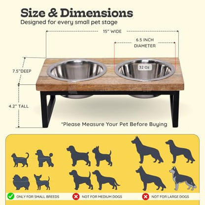 Elevated Dog Bowls, 4.5” Small Dogs/Cats Only Raised Bowl Mango Wood Stand, Food & Water 2 Stainless Steel Dishes Each 32oz/4Cup Capacity, Non-Slip Pet Feeder Station in Brown, toy Breeds - size: 4.5 Inches / 32oz 2 Bowl