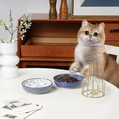 Selamica 세라믹 고양이 사료 그릇 4개 세트, 14cm(5.6인치) 너비의 얕은 고양이 그릇/음식과 물용 접시, 빈티지 블루 - color: 빈티지 블루, size: 5.6 Inch, Set of 4