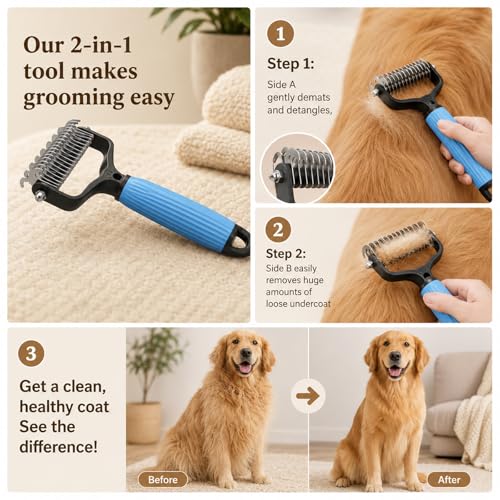 2 Pcs Pet Grooming Brush, Double Sided Undercoat Rake & Dematting Comb for Dogs and Cats, Detangling Tool for Matted Fur, Ideal for Medium or Long Haired Breeds (Blue+Pink, Large)