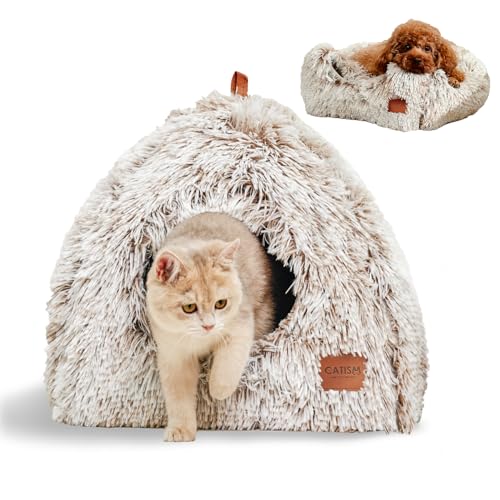 CATISM Cat Bed, Cat Cave for Indoor Cats, Soft Cat Dome, Self-Warming 2 in 1 Foldable Pet Cat House with Washable Cushioned Pillow Calming Fluffy Dog Beds for Small Dogs with Anti-Slip Bottom Brown - color: Brown