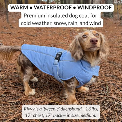 DJANGO Insulated Puffer Dog Jacket with Harness Hole – Warm, Water-Repellent Winter Dog Coat for Small Dogs, Dachshunds, Puppies – Adjustable, Reflective Cold Weather Dog Apparel – Dusk Blue, Medium - color: Dusk Blue, size: Medium
