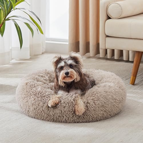 Calming Dog Bed & Cat Bed, Anti-Anxiety Donut Cuddler Warming Cozy Soft Round Bed, Fluffy Faux Fur Plush Cushion Bed for Small Medium Dogs and Cats (20"/24"/27"/30") - color: Brown, size: 24.0"l x 24.0"w x 7.0"th