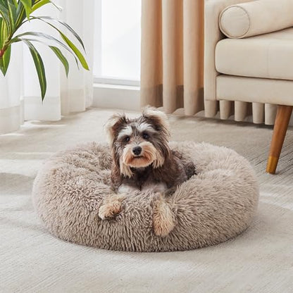 Calming Dog Bed & Cat Bed, Anti-Anxiety Donut Cuddler Warming Cozy Soft Round Bed, Fluffy Faux Fur Plush Cushion Bed for Small Medium Dogs and Cats (20"/24"/27"/30") - color: Brown, size: 24.0"l x 24.0"w x 7.0"th