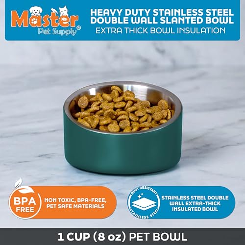 Master Pet Supply Stainless Steel Slanted Dog Cat Food Bowl - 8 oz Heavy Duty - Emerald Sea, Double Wall Insulated, Non-Slip Elevated Bowl for French Bulldogs Pugs Cats, Anti Rust Dishwasher Safe - color: Emerald Sea, size: 1 Cup (8 oz)