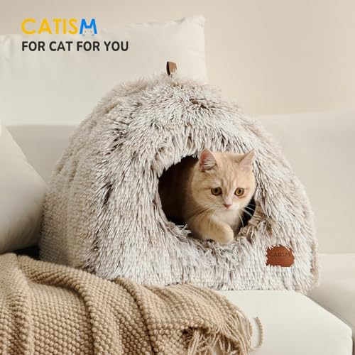 CATISM Cat Bed, Cat Cave for Indoor Cats, Soft Cat Dome, Self-Warming 2 in 1 Foldable Pet Cat House with Washable Cushioned Pillow Calming Fluffy Dog Beds for Small Dogs with Anti-Slip Bottom Brown - color: Brown