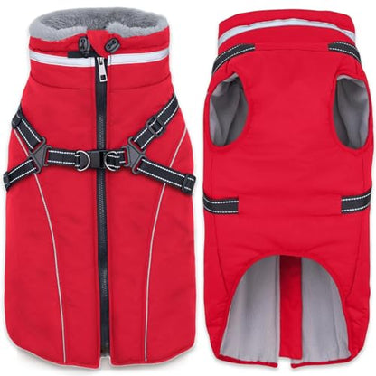Fragralley Dog Coat with Harness Built in, Waterproof Windproof Reflective Warm Puffer Jacket, Fleece Lined Vest Winter Parka for Small, Medium, Large Dogs - color: Red, size: X-Small
