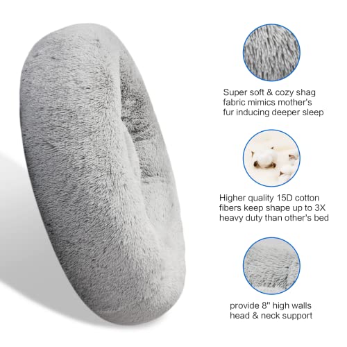 SAVFOX 30 inches Calming Donut Dog Bed - 3X Durable Plush Faux Fur, Machine Washable & Non-Slip, Fits up to 45 lbs, Light Grey - color: Light Grey, size: Medium | 30"x30"