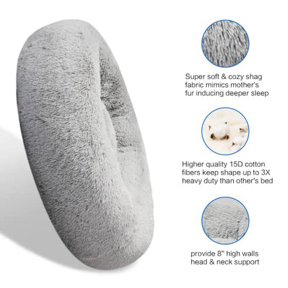 SAVFOX 30 inches Calming Donut Dog Bed - 3X Durable Plush Faux Fur, Machine Washable & Non-Slip, Fits up to 45 lbs, Light Grey - color: Light Grey, size: Medium | 30"x30"
