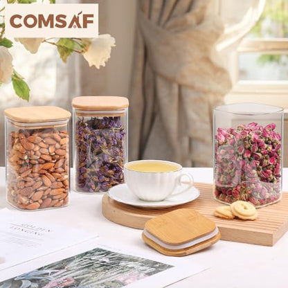 ComSaf 1.2 Qt Glass Storage Containers with Lids, Glass Jars with Lids, Clear Food Storage Jar, Square Canister Set of 9, Pantry Organizers and Storage for Cookie Flour Oat Pasta Tea Coffee Bean - size: 1.2Qt*9