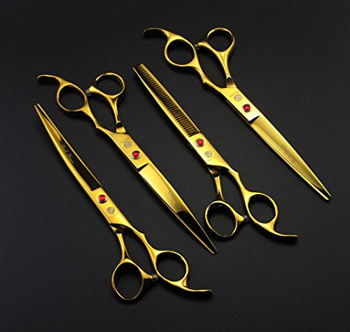 Purple Dragon Professional 7.0 inch 4PCS Pet Grooming Scissors Kit Japan Premium Steel Straight & Curved & Thinning Blade Dog Hair Cutting Shears Set with Case - color: Gold