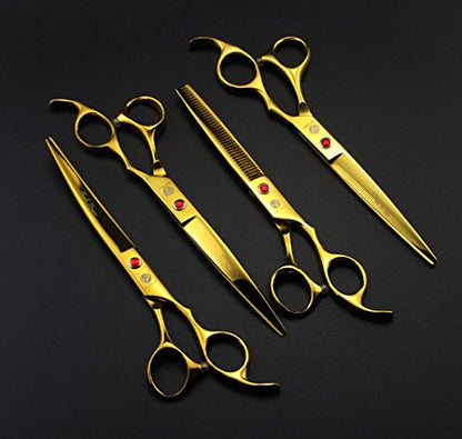 Purple Dragon Professional 7.0 inch 4PCS Pet Grooming Scissors Kit Japan Premium Steel Straight & Curved & Thinning Blade Dog Hair Cutting Shears Set with Case - color: Gold