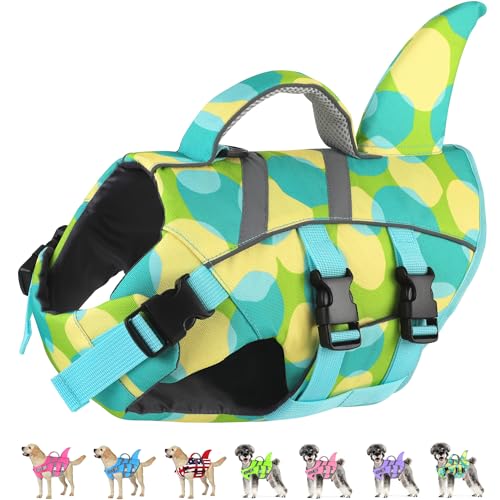 Dogcheer Dog Shark Swim Vest, Adjustable Reflective Life Jacket with Handle, High Buoyancy Pet Float Vest for Pool, Lake, Beach, Kayaking, Boating Adventures - Colorful Green,XS - color: Colorful Green, size: X-small