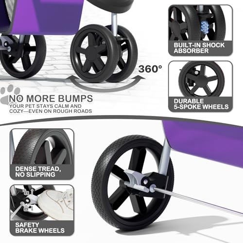 MoNiBloom 3 Wheels Pet Dog Cat Stroller for Small Medium Dogs Cats, Lightweight Foldable Jogger Stroller w/Storage Basket and Cup Holder, Purple - color: Purple