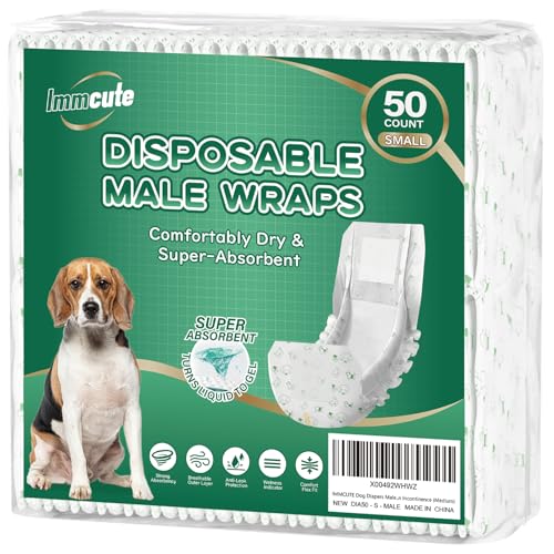 IMMCUTE Dog Diapers Male Small 50 Ct, Male Dog Diapers Disposable with Wetness Indicator, Adjustable Puppy Diapers Male, Flashdry Gel Technology, Male Dog Wraps for Incontinence & Marking - size: Small (50 Ct)