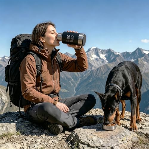 Dog Water Bottle 32oz, Insulated Stainless Steel Travel Water Dispenser with 2 Detachable Dog Bowls for Food and Water, Leak Proof Portable Pet Drinking Cup for Walking Hiking Camping - color: black dog dad