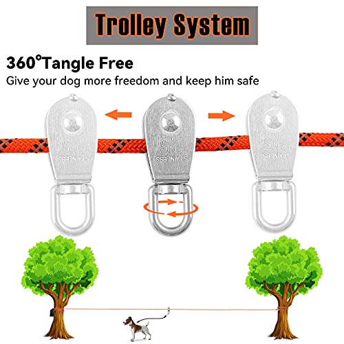 Dog Tie Out Cable for Camping - 50 feet Heavy Duty Overhead Trolley System and Dog Rope Buffer Leash for Dogs up to 200lbs, Portable Reflective Dog Lead Line for Yard, Park and Outdoor