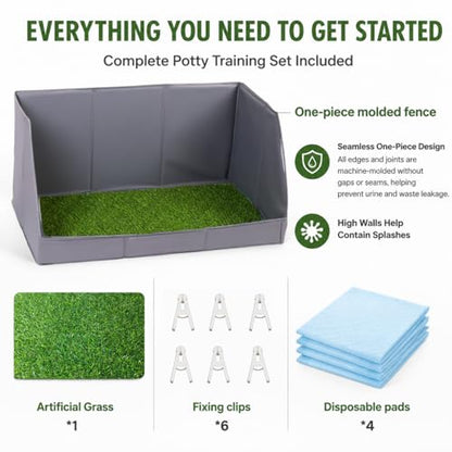 Dog Potty Tray with High Walls and Artificial Grass, 32" x 21"x 16"Foldable Indoor Dog Toilet,Waterproof Dog Pee Pad Holder with Leakproof Liner, Portable Pet Litter Box for Small Medium Dogs